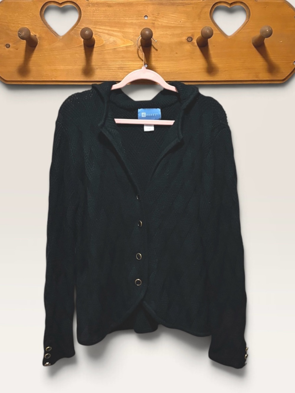 VINTAGE Y2K Koret Black Cable Knit Hooded Cardigan Sweater M